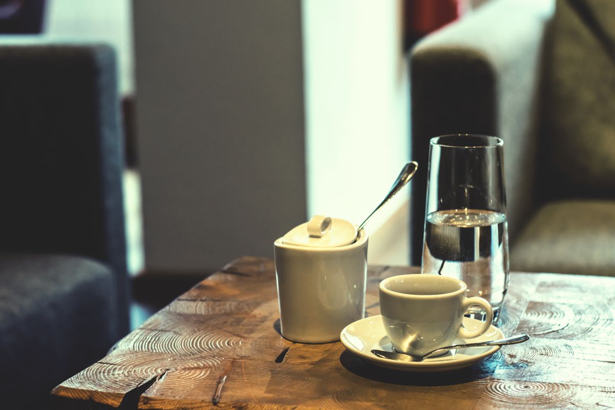 a close-up detail of an espresso setup